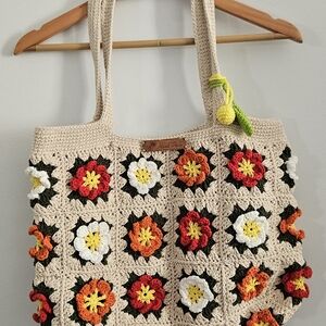 Handmade Floral Crochet Granny Square Tote Shoulder Bag in Cream and Multicolor